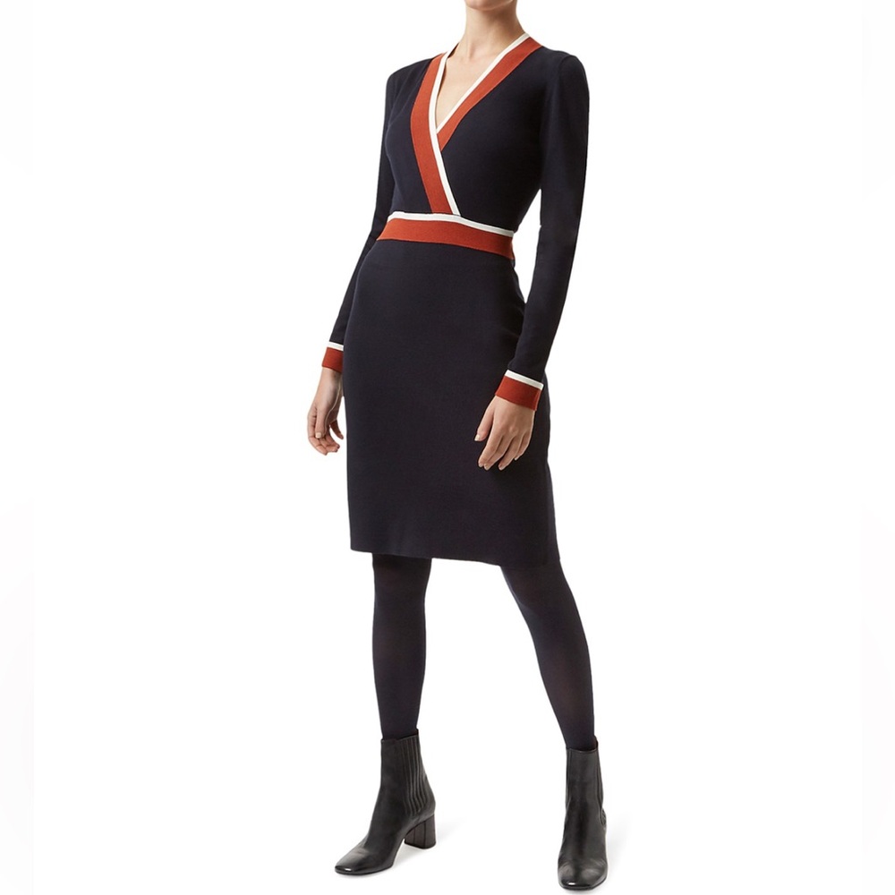 HOBBS LONDON Helena Crossover Dress Navy Red White Size 10